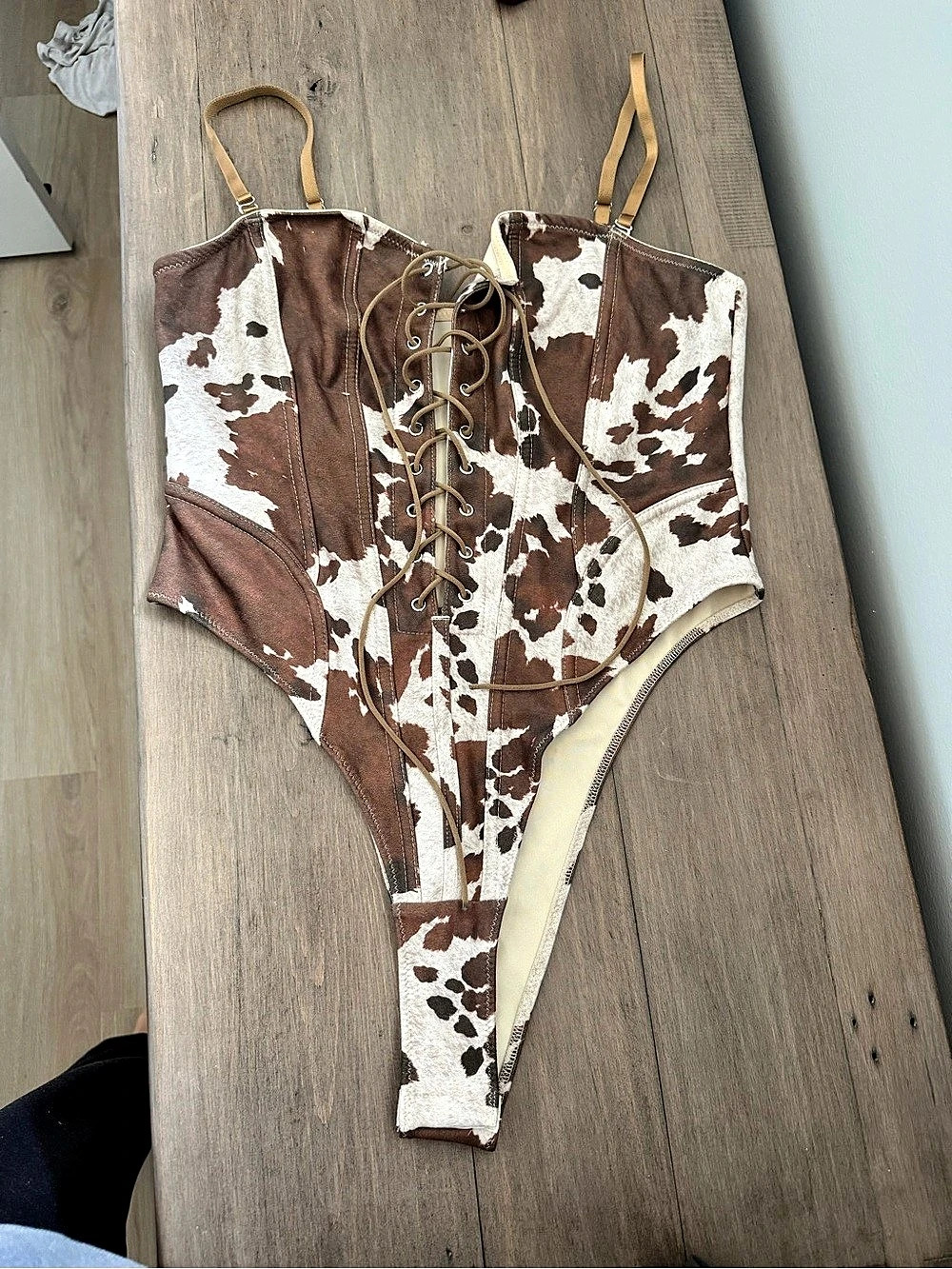Cow Print Lace-Up Bodysuit in Brown & Cream